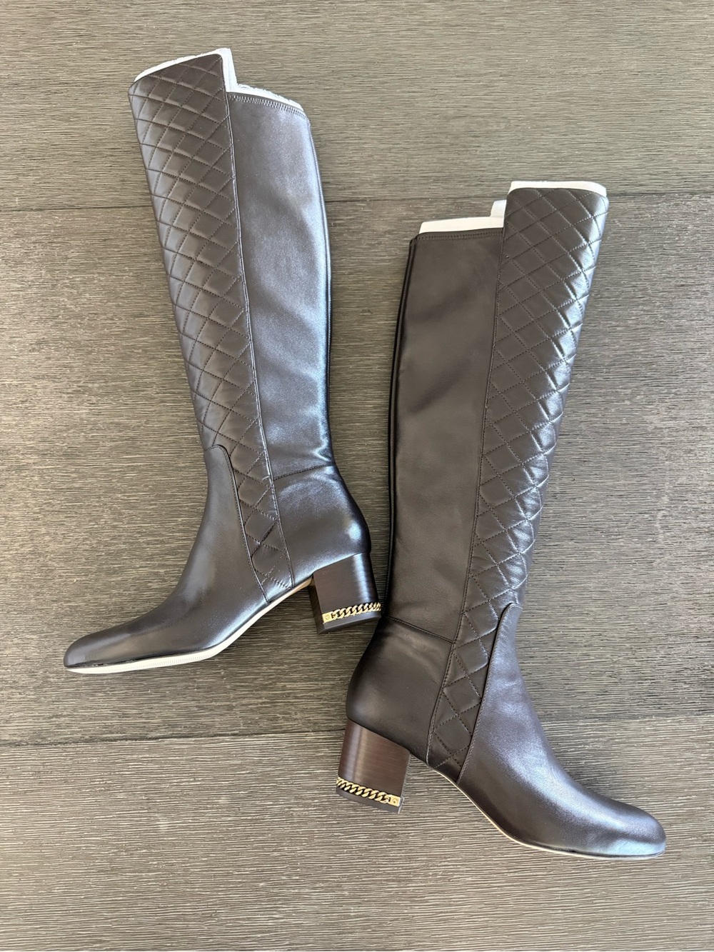 Michael Kors Sabrina Iconic MK Logo Chain Heel Tall Quilted Boots 8.5 - Picture 3 of 12